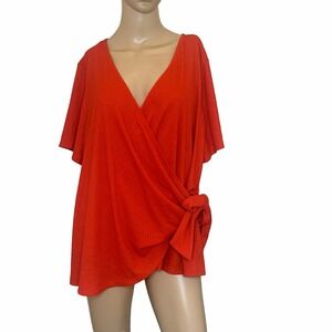 Lane Bryant Blouse Women 18/20‎ Red Wrap Waist Tie Top 3/4 Sleeves Shirt